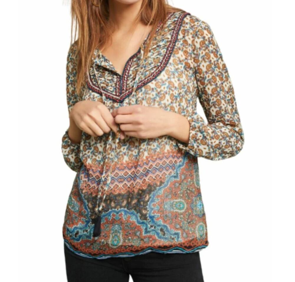 Anthropologie Top Women’s V-Neck Long Sleeve Chiffon Paisley Blouse Sz M